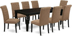 East West Furniture LGBR9-BLK-17 9 Piece Dining Room Table Set Includes a Rectangle Butterfly Leaf Kitchen Table and 8 Light Sable Linen Fabric Upholstered Chairs, 42x84 Inch, Black