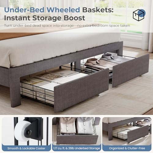 OLIXIS Queen Size Bed Frame, Upholstered Platform Bed Frame with Headboard