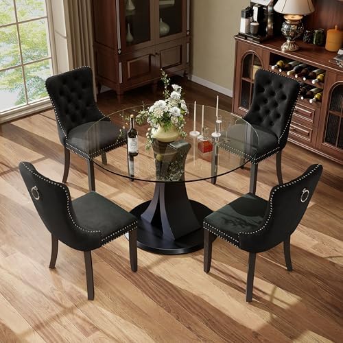 5-Piece Dining Table Set with 39In Tempered Glass Table and 4 Velvet Upholste...
