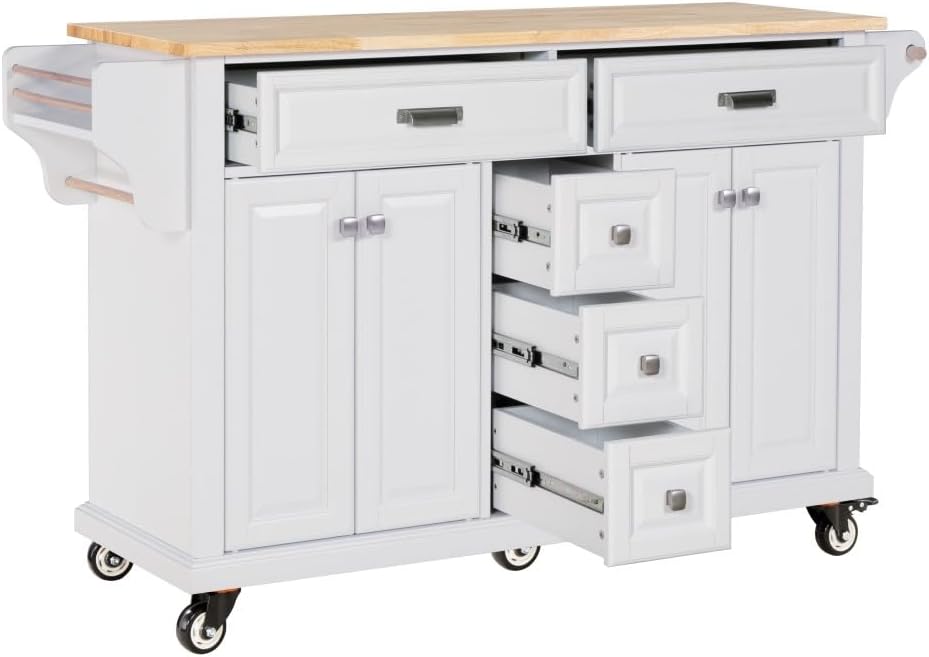 Kitchen Island with Rubberwood Top, Cabinet, 5 Drawers and Wheels, White | Ro...
