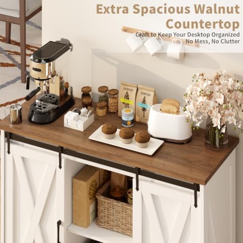 Farmhouse Coffee Bar Cabinet, 42" Buffet Cabinet with 2 Sliding Barn Doo...