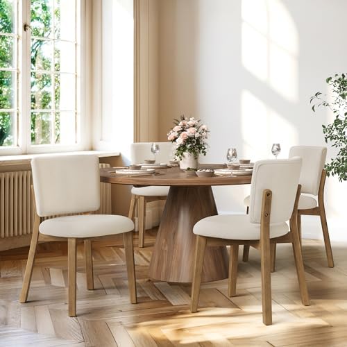 LUE BONA Linen Farmhouse Dining Chairs Set of 4, Natural Wood Leg | Comfortab...