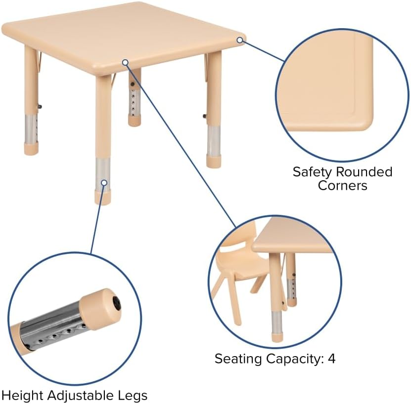 Flash Furniture Wren 24" Square Natural Plastic Height Adjustable Activity Table