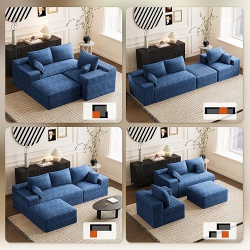 Modular Sectional Sofa Cloud Couch, 108'' Comfy U Shaped Sectional Couches for Living Room, Deep Seat Cozy Fluffy Corduroy Boneless Couch Sectionals Sofa with Movable Ottomanm, Blue