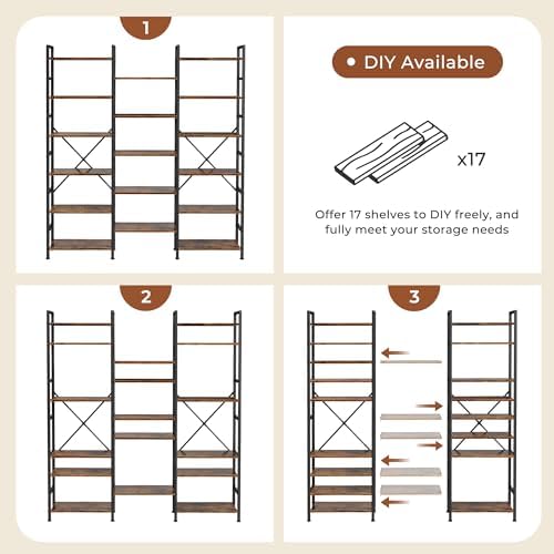 SUPERJARE Triple Bookshelf, Bookcase with 17 Open Display Shelves, Wide Book ...