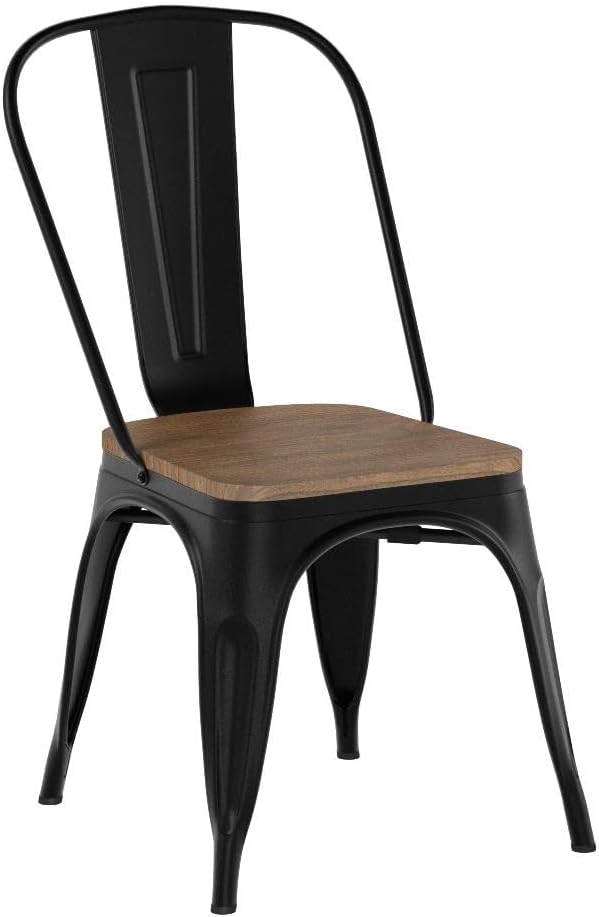 Yaheetech Metal Dining Chairs Set of 4, Industrial Stackable Kitchen Chairs with Wood Top Seat for Dining Room/Restaurant/Bistro/Patio, Indoor & Outdoor Use, Black