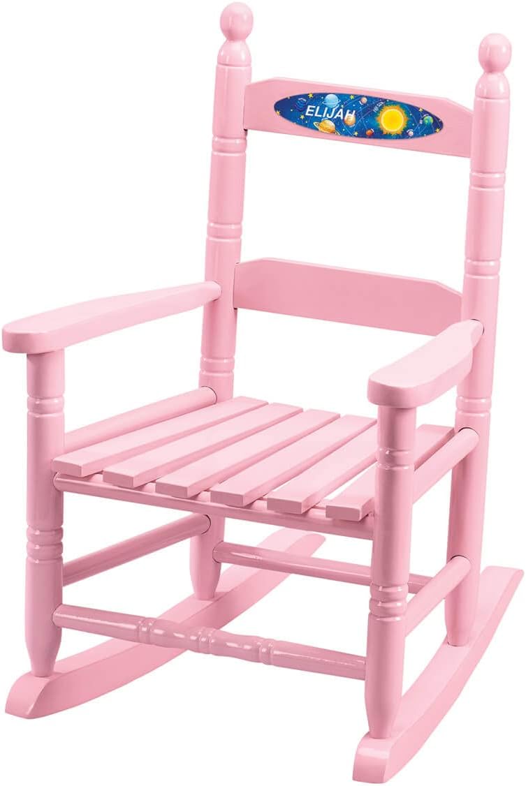 Custom Space-Themed Children's Rocking Chair, Durable Wood - Measures 14 | 1/2" Wide x 11 1/2" Deep; 22 1/2" Overall Height, Pink Font