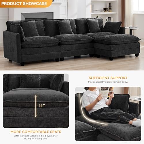 111'' Sectional Cloud Deep Seat Couch, Modern Comfy Chenille L Shaped...