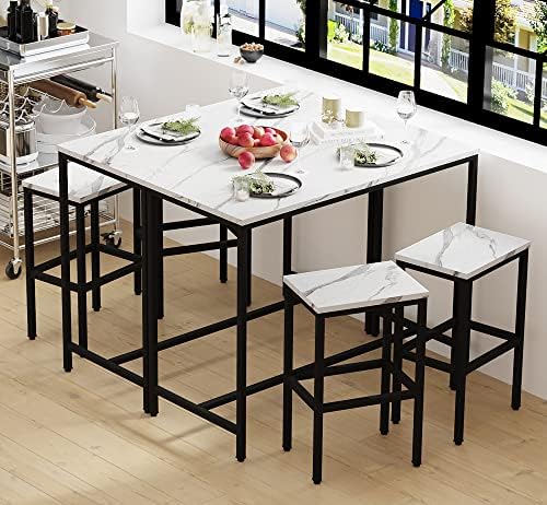 Yongchuang 3 Piece Bar Table and Chairs Set, White Faux Marble Wood Top