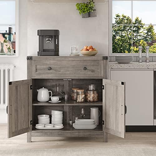 HOSTACK Kitchen Storage Cabinet, Farmhouse Coffee Bar Cabinet, Ash Gray
