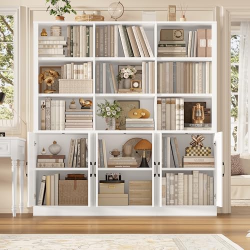 FINETONES 70” H x 63” W Triple Wide Bookshelf, Tall Bookcase with 6 Doors