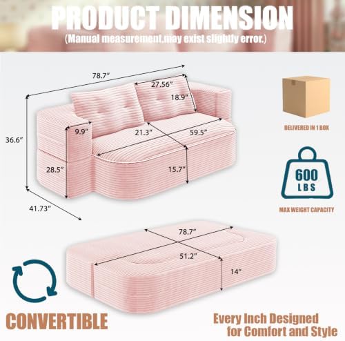 78.7" Futon Sofa Bed, Memory Foam Convertible Couch, Pink | Sophisticate...