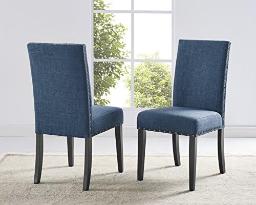 Roundhill Furniture Biony Blue Fabric Dining Chairs with Nailhead Trim, Set of 2