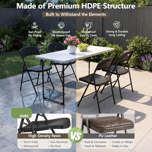 4FT Adjustable Height Folding Table and Chairs Set for 4, Heavy Duty Plastic ...