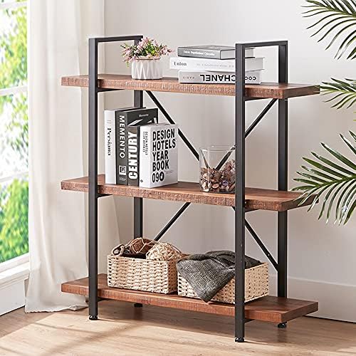 HSH 3 Tier Industrial Solid Wood Bookshelf, Distressed Brown