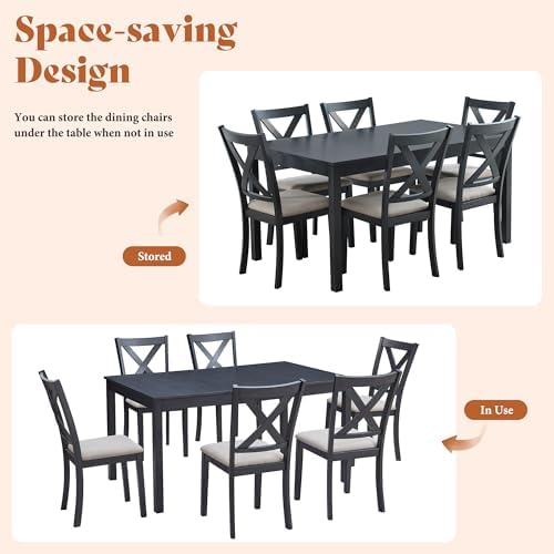 AMERLIFE 7-Piece Farmhouse Solid Wood Dining Table Set for 6, Grey & White