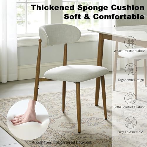 FREKEN Modern Upholstered Dining Chairs Set of 2, Mid-Century Metal Frame with Wood Grain, Linen Fabric Side Chair for Kitchen Dining Room, 350lbs Capacity, Beige