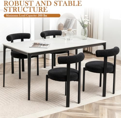 Black Boucle Dining Chairs Set of 4, Comfy Kitchen & Dining Room Chairs