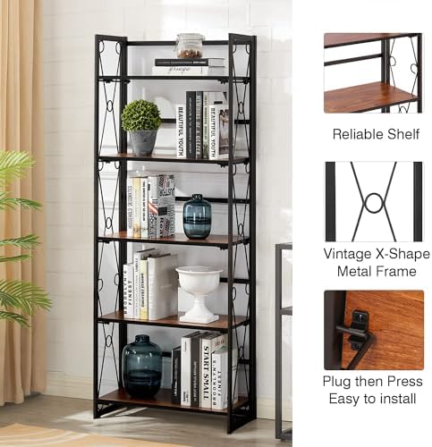 VECELO Folding Bookshelf, 5 Shelf Bookcase No Assembly, Industrial Metal Fram...