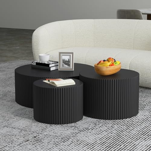 WILLIAMSPACE Black Round Coffee Table Set of 3, Modern Circle Wood Coffee Tab...