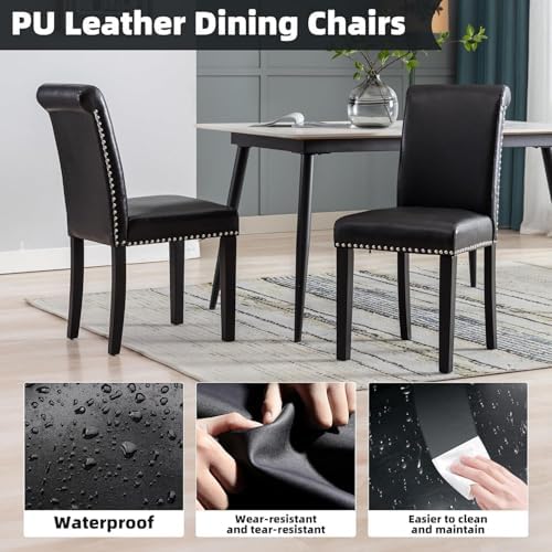 Dining Room Chairs Set of 6, Upholstered PU Leather, Rubber Wood, Black
