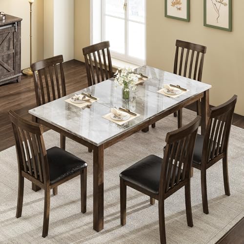 LUXOAK 7-Piece Wood Dining Table Set with Faux Marble Tabletop, Dark Brown