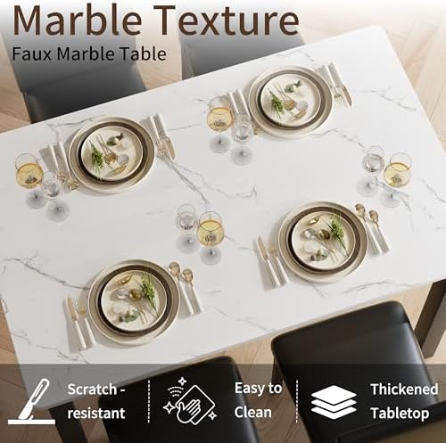 7 Piece Faux Marble Dining Table Set for 6, Space Saving Kitchen Table and Ch...