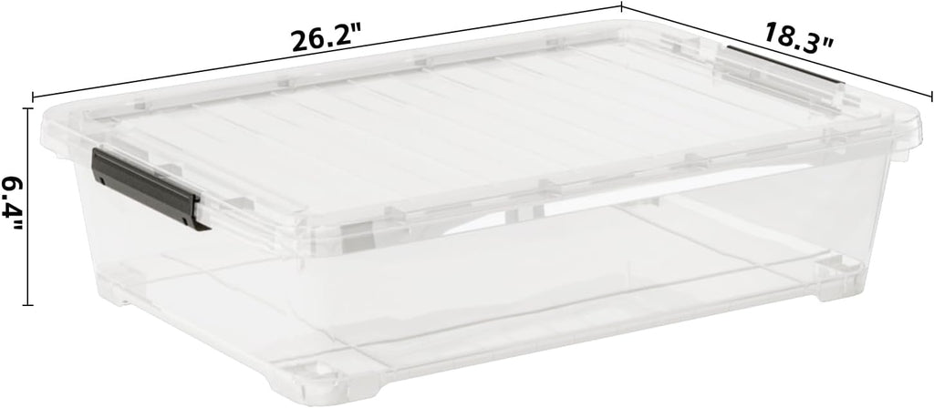 3-Pack Under Bed Wheeled Storage Box, 40 Qt Underbed Plastic Containers Bins with Secure Latch Lids and Sturdy Wheels, Clear