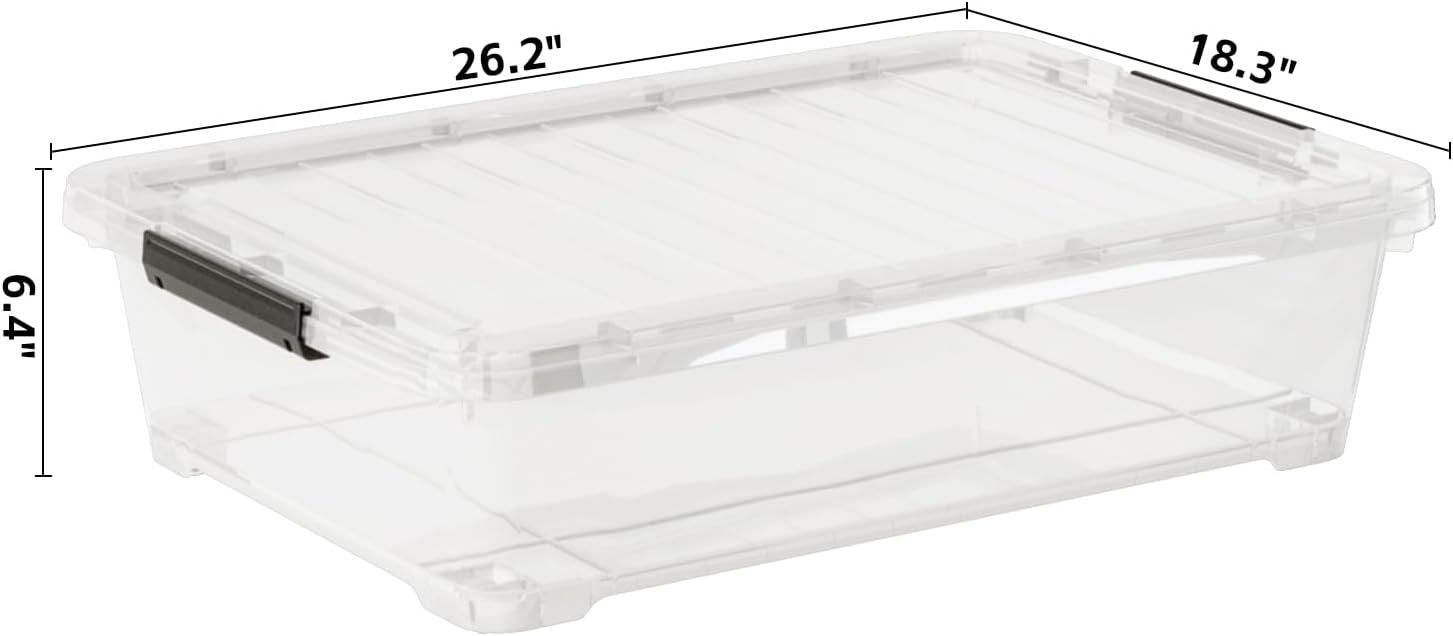 3-Pack Under Bed Wheeled Storage Box, 40 Qt Underbed Plastic Containers Bins with Secure Latch Lids and Sturdy Wheels, Clear