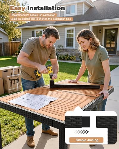 Flamaker Patio Dining Set for 6 Outdoor Acacia Wood Table and Chairs, Black
