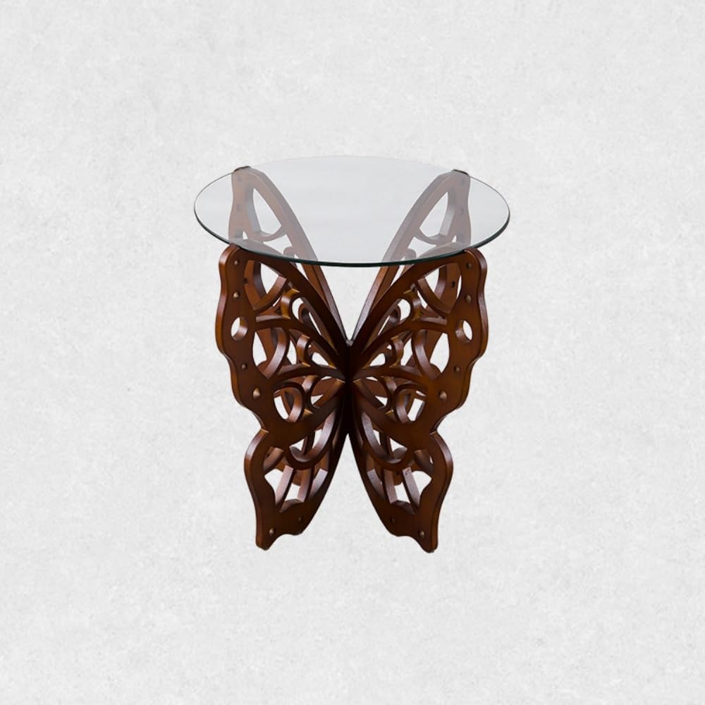Butterfly Side Table, Tempered Glass Coffee Table with Solid Wood Base, Small...