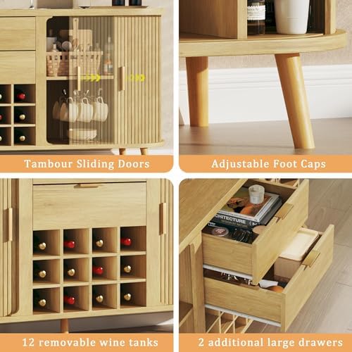 HUAHUU 58" Buffet Cabinet with Storage, Fluted Wine Bar Cabinet with Dra...