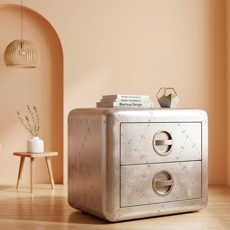 Aviator Side Table with 2 Drawers, Aluminum Stool, Aviation Home Office Decor...