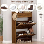 Thacuok Shoe Cabinet with 2 Flip Drawers & 2 Storage Drawers, Rustic Farmhouse Narrow Shoe Organizer Cabinet, Slim Shoe Rack Cabinet, Shoe Storage Cabinet for Entryway, Hallway