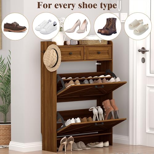 Thacuok Shoe Cabinet with 2 Flip Drawers & 2 Storage Drawers, Rustic Farmhouse Narrow Shoe Organizer Cabinet, Slim Shoe Rack Cabinet, Shoe Storage Cabinet for Entryway, Hallway