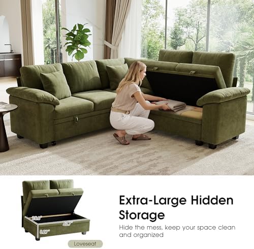 Sectional Sleeper Sofa with Pull Out Bed, 86" L Shaped 5 Seat Couch with...