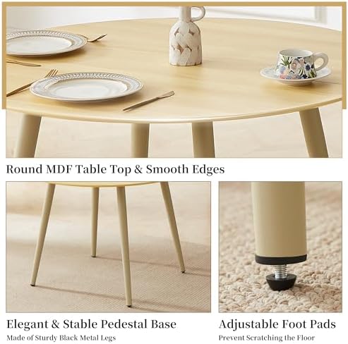 HIPIHOM Round Dining Table Set for 4, Cream Table with 4 PU White Chairs | 43...