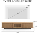 POVISON 94.49" Wood Fully-Assembled Sliding Tambour Door TV Stand, Oak | Mid Century Modern TV Console, Adjustable Shelves, Media Console for 85-98 Inch TV, Soft Close Cabinet Door, Storage Space
