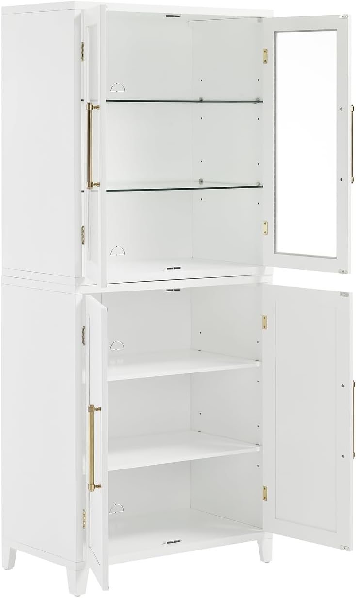 HomeStock Pantry Storage Cabinet with Glass Door - White Wood Kitchen Hutch & Shelves - 30" W x 15.75" D x 70.63" H