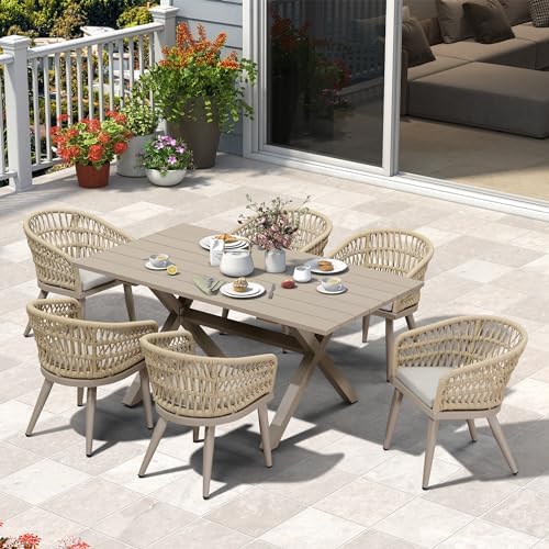 PURPLE LEAF Outdoor Dining Set 7 Pieces PE Rattan Aluminum Champagne