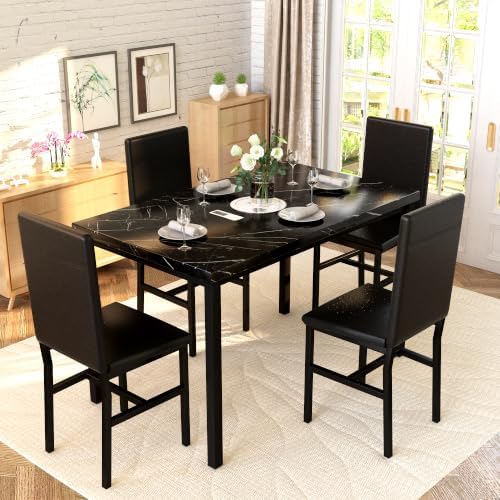 Hooseng Dining Table Set for 4, Modern Kitchen Table Chairs Set of 4, Black