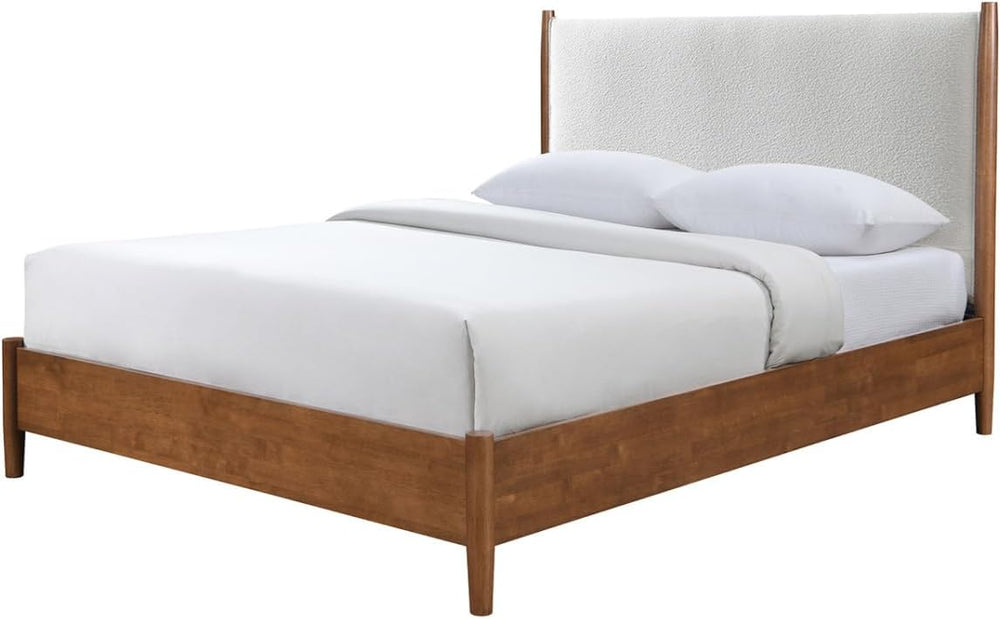 Walnut Color Panel Headboard Beige Upholstered Queen Size Bed