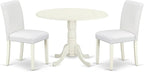 East West Furniture DLAB3-LWH-64 3 Piece Dinette Set for Small Spaces Contains a Round Dining Table with Dropleaf and 2 White Faux Leather Parson Dining Chairs, 42x42 Inch, Linen White