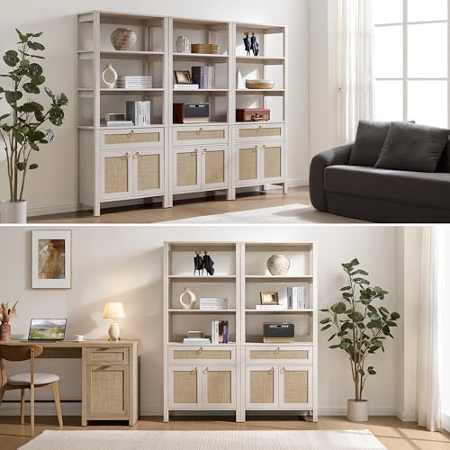 SICOTAS 68.5" Tall Boho White Rattan Storage Bookshelf with Drawer &...