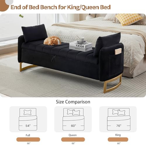 66" End of Bed Storage Bench King Size, Storage Benches for Bedroom, Bla...