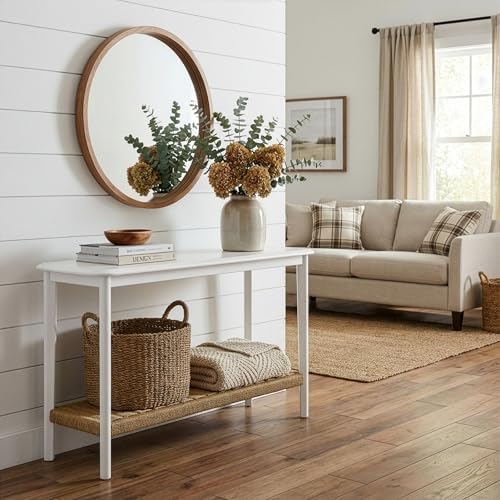 Calais Solid Wood Console Table with Woven Storage Shelf, White, 48 Inch | 2-...