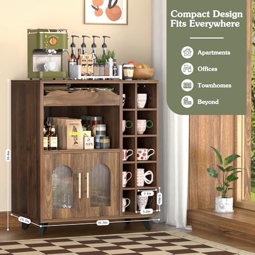 VINAEMO Coffee Bar Cabinet with 24-Cup Display, Large Drawer & Storage,Mo...