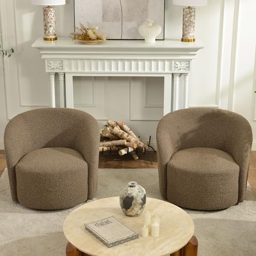 KINWELL 34" W Swivel Barrel Chair Set of 2, Mid Century Modern Round Upholstered Boucle Swivel Accent Chairs, No Assembly Sofa Chair for Living Room Bedroom Reading, Teddy Brown