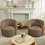 KINWELL 34" W Swivel Barrel Chair Set of 2, Mid Century Modern Round Upholstered Boucle Swivel Accent Chairs, No Assembly Sofa Chair for Living Room Bedroom Reading, Teddy Brown