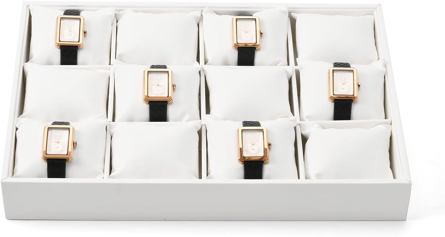 12-Grid PU Leather Watch Display Tray with Pillow Inserts White | 12 Watch Slots, Soft Pillow Inserts, For Watch Storage & Display, Durable & Sturdy, For Home & Retail